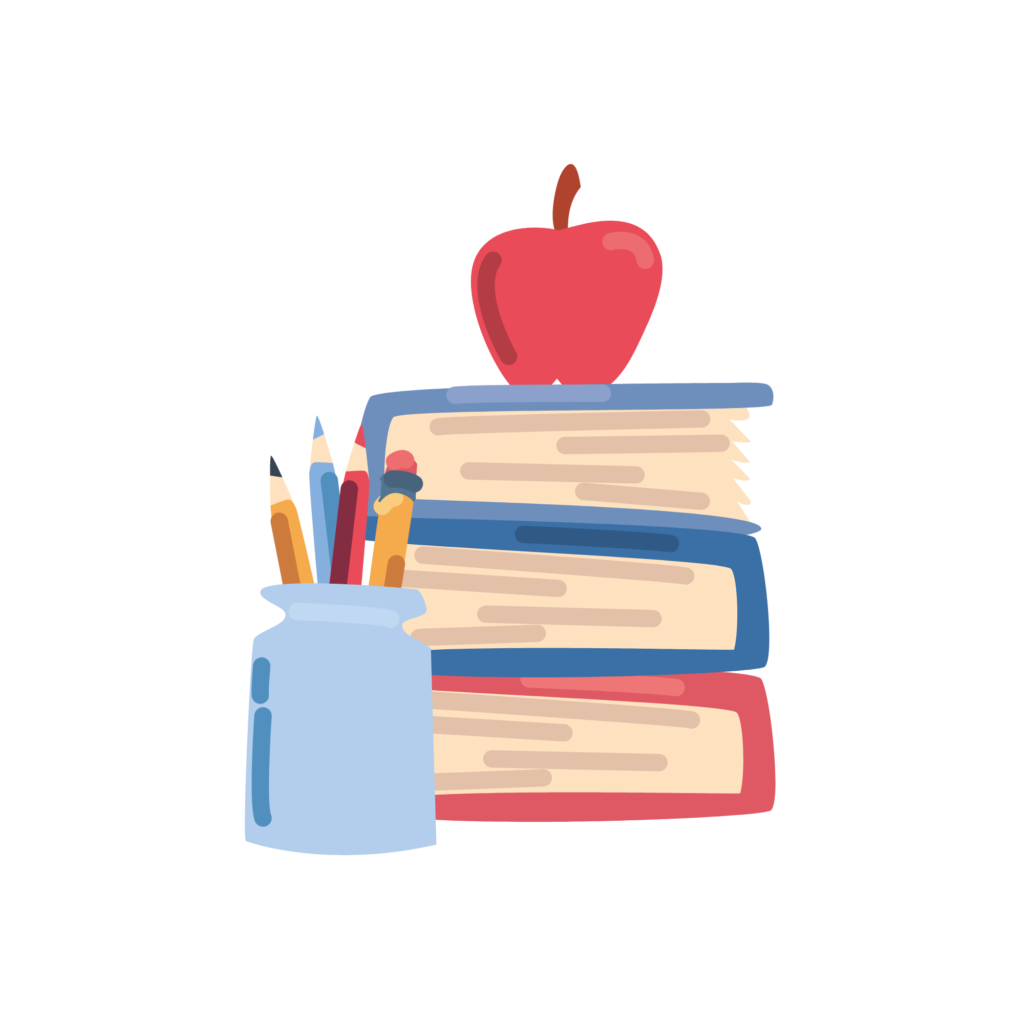 A pile of books with an apple and some pencils